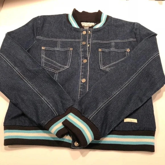 Baby Phat Women's Dark Blue Jean Jacket with Teal Accents - Picture 2 of 5